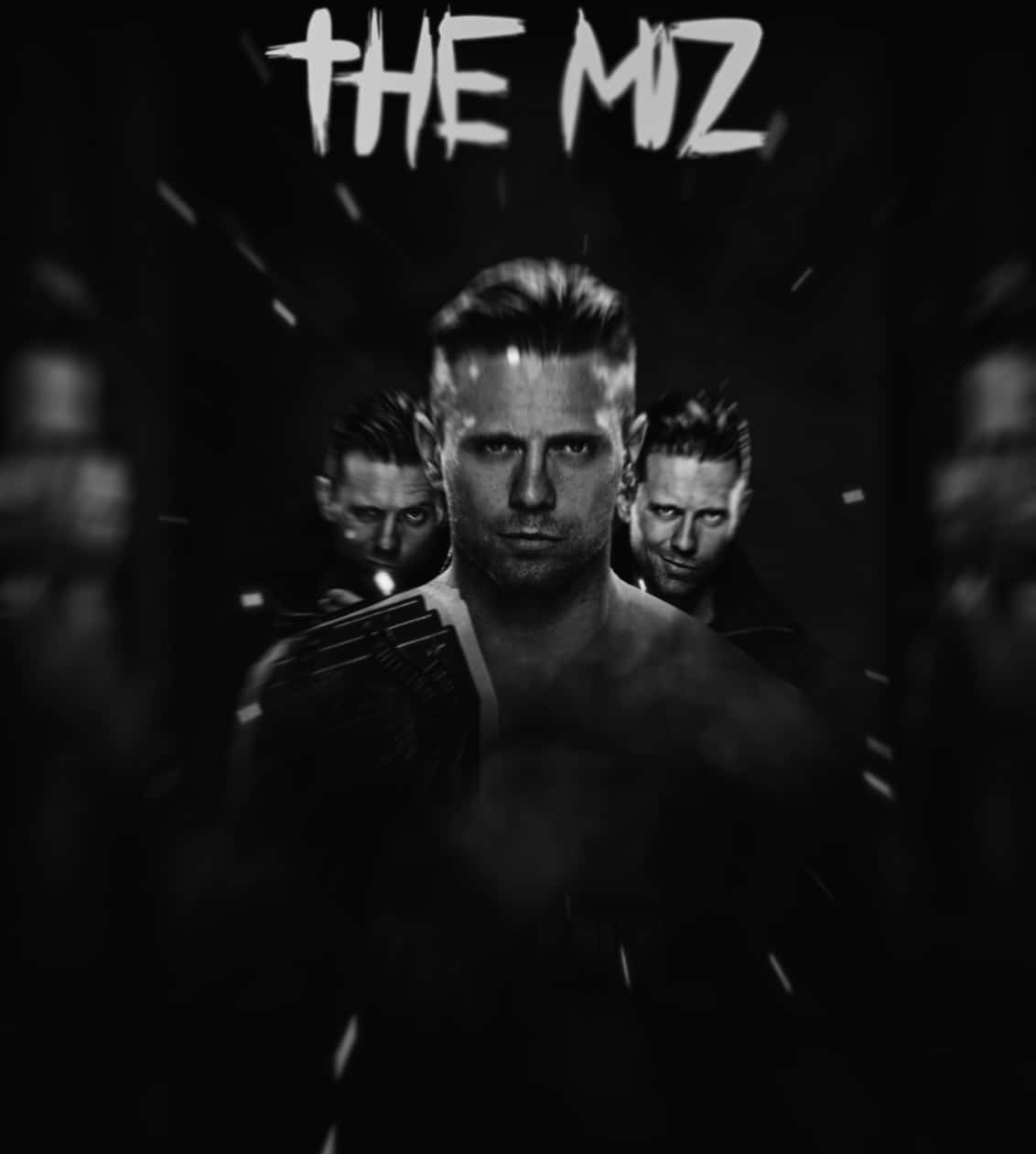 professional 桌布 壁紙 — 摔角手 The Miz 的粗糙黑白肖像，身後有兩個鏡像版本，周圍環繞著墜落的碎片。