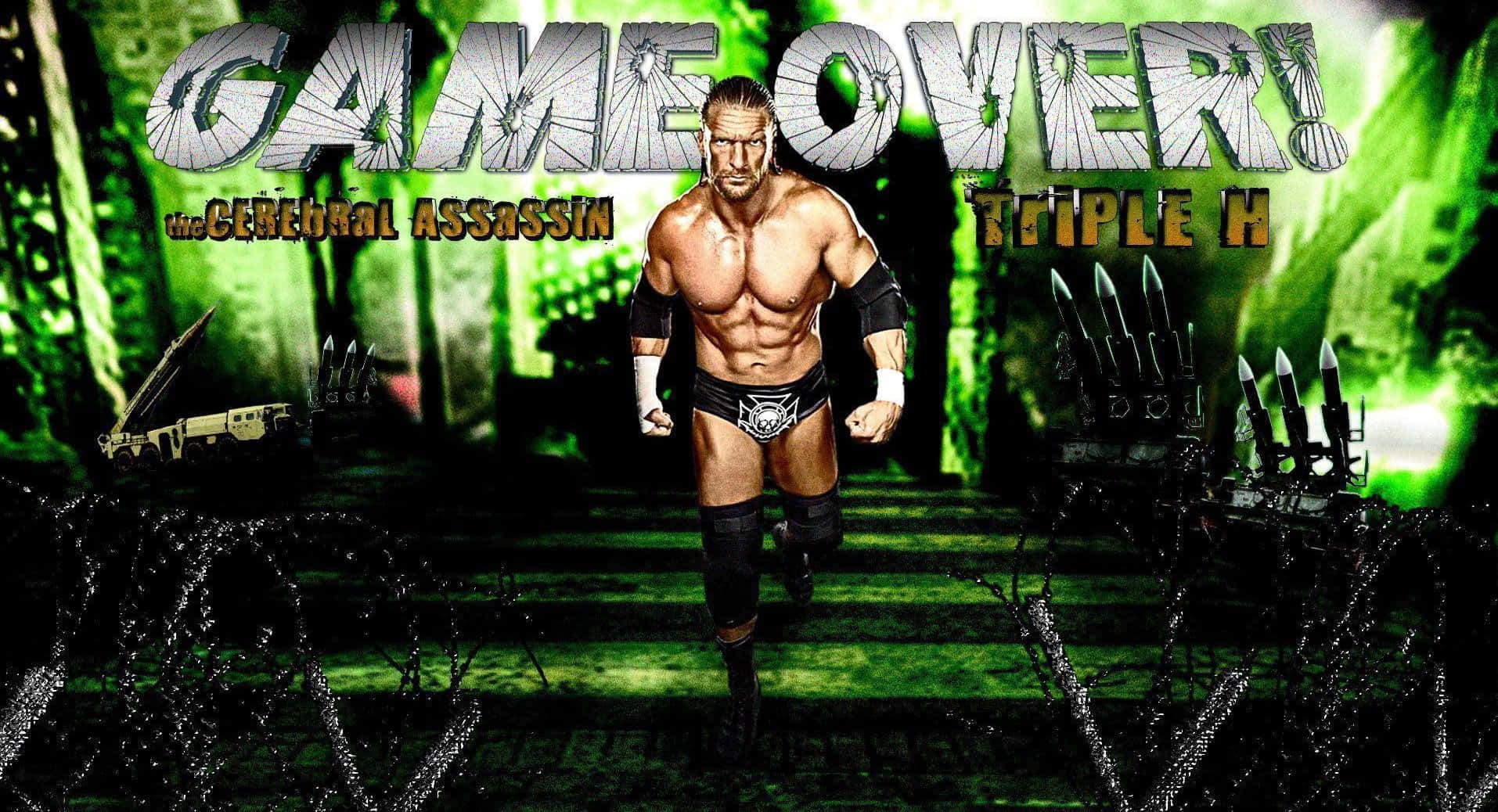 triple h 桌布 壁紙 — 摔角手 Triple H 在綠色燈光的競技場中向前邁進，帶有「GAME OVER!」文字和威脅性的道具。