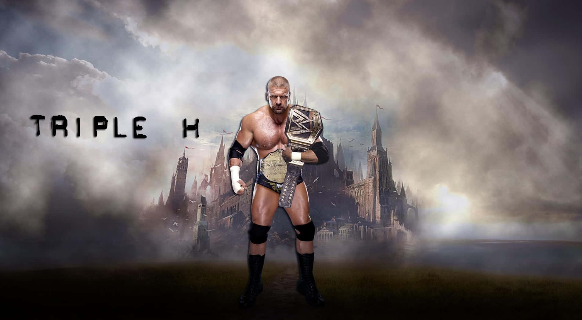 triple h 桌布 壁紙 — 摔角手 Triple H 自豪地舉著冠軍腰帶，背景是戲劇性的多雲天空和一座哥德式城堡。