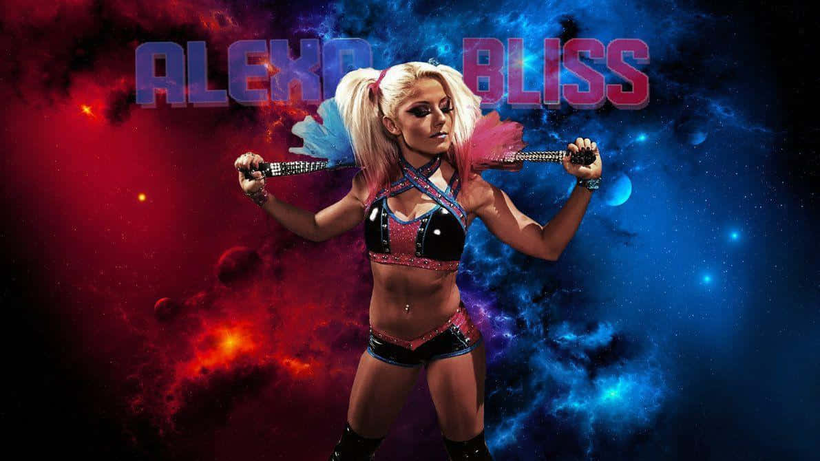 Alexa Bliss 桌布 壁紙 — 摔角手Alexa Bliss自信地站立，手持鏈條，背景是充滿活力的宇宙，帶有紅色和藍色星雲。