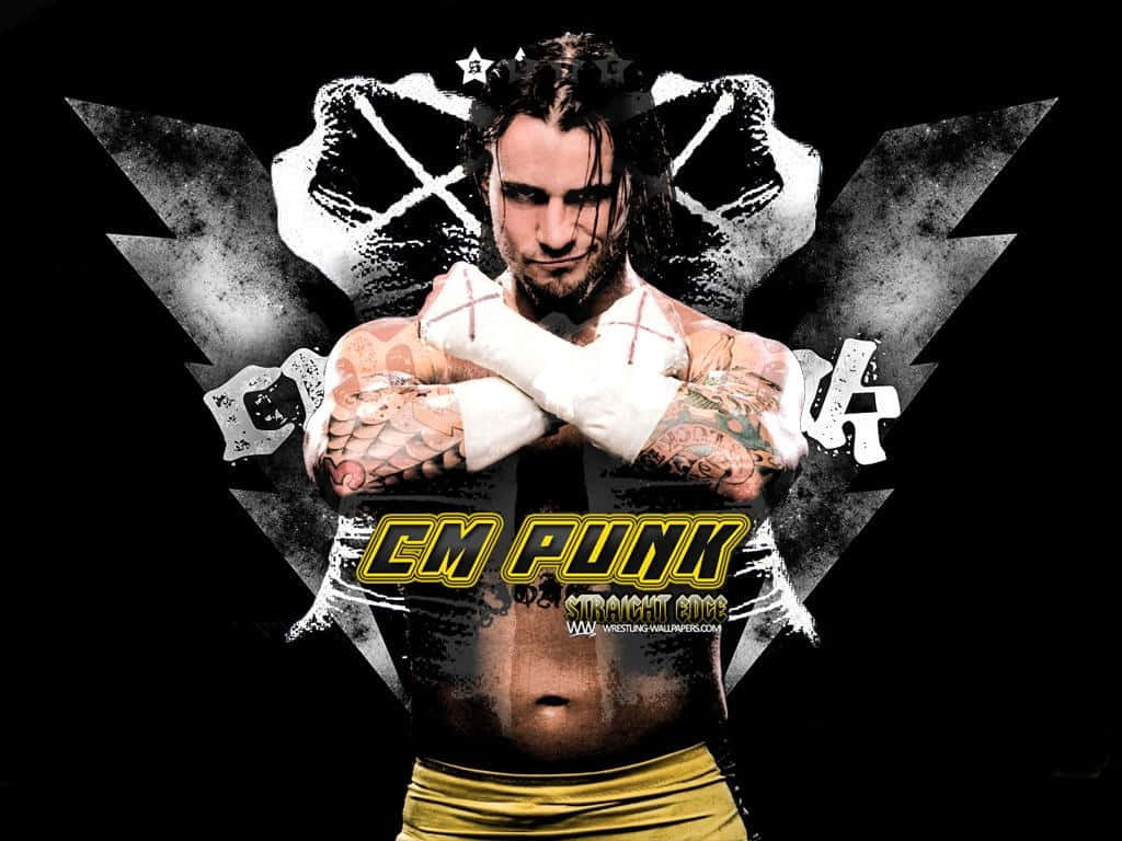 MMA 桌布 壁紙 — 摔角手CM Punk交叉雙臂站立，背景為黑色，帶有白色閃電，他的名字以粗體黃色文字顯示。