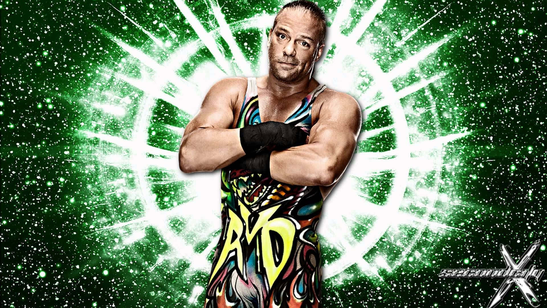 WWE 桌布 壁紙 — 摔角手CM Punk自信地交叉雙臂，站在充滿活力的綠色宇宙背景前，背景有白色能量爆發。