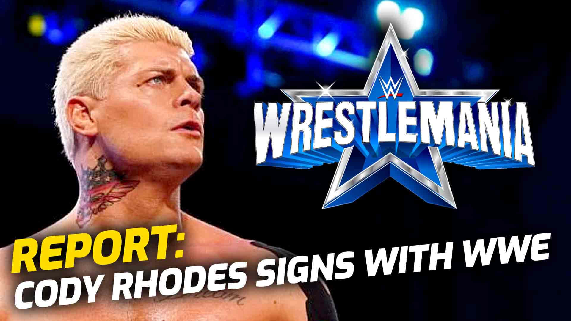WWE 桌布 壁紙 — 摔角手Cody Rhodes在場館燈光下向上凝視，旁邊是WrestleMania標誌，並有粗體文字宣布他的WWE合約。