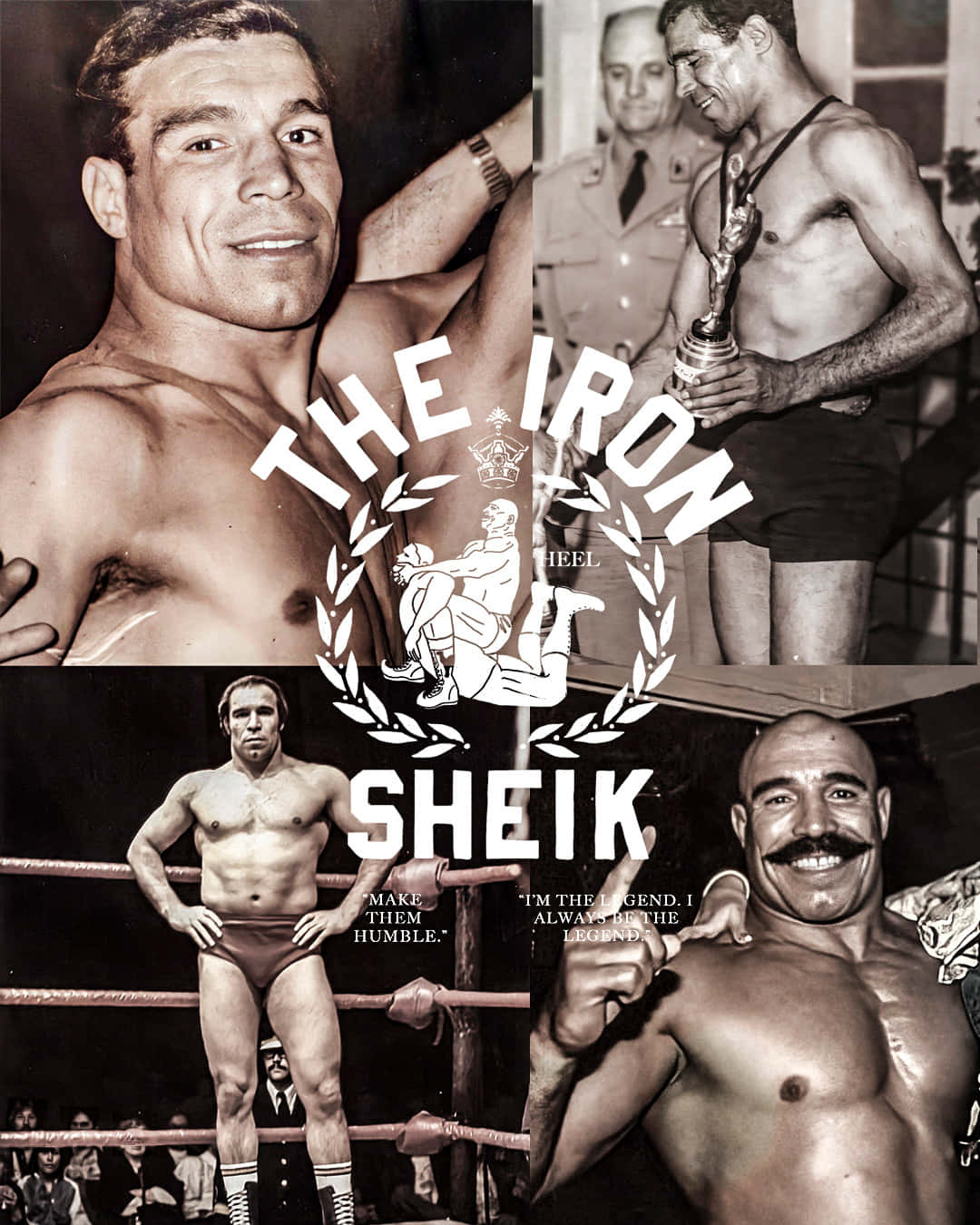 摔角 桌布 壁紙 — 摔角手The Iron Sheik以各種姿勢手持獎盃並站在擂台上的復古黑白拼貼畫。