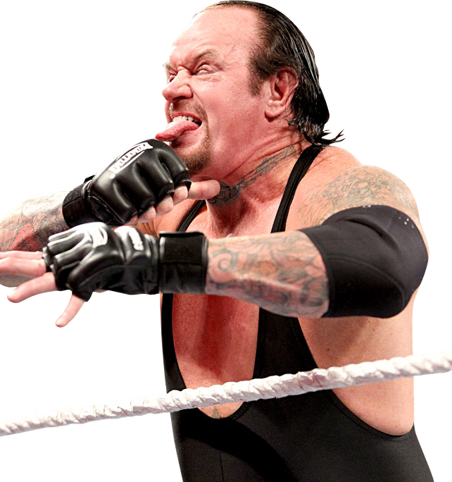 Undertaker 桌布 壁紙 — 摔角手The Undertaker穿著黑色緊身衣和手套，在摔角擂台繩索內伸出舌頭做鬼臉。
