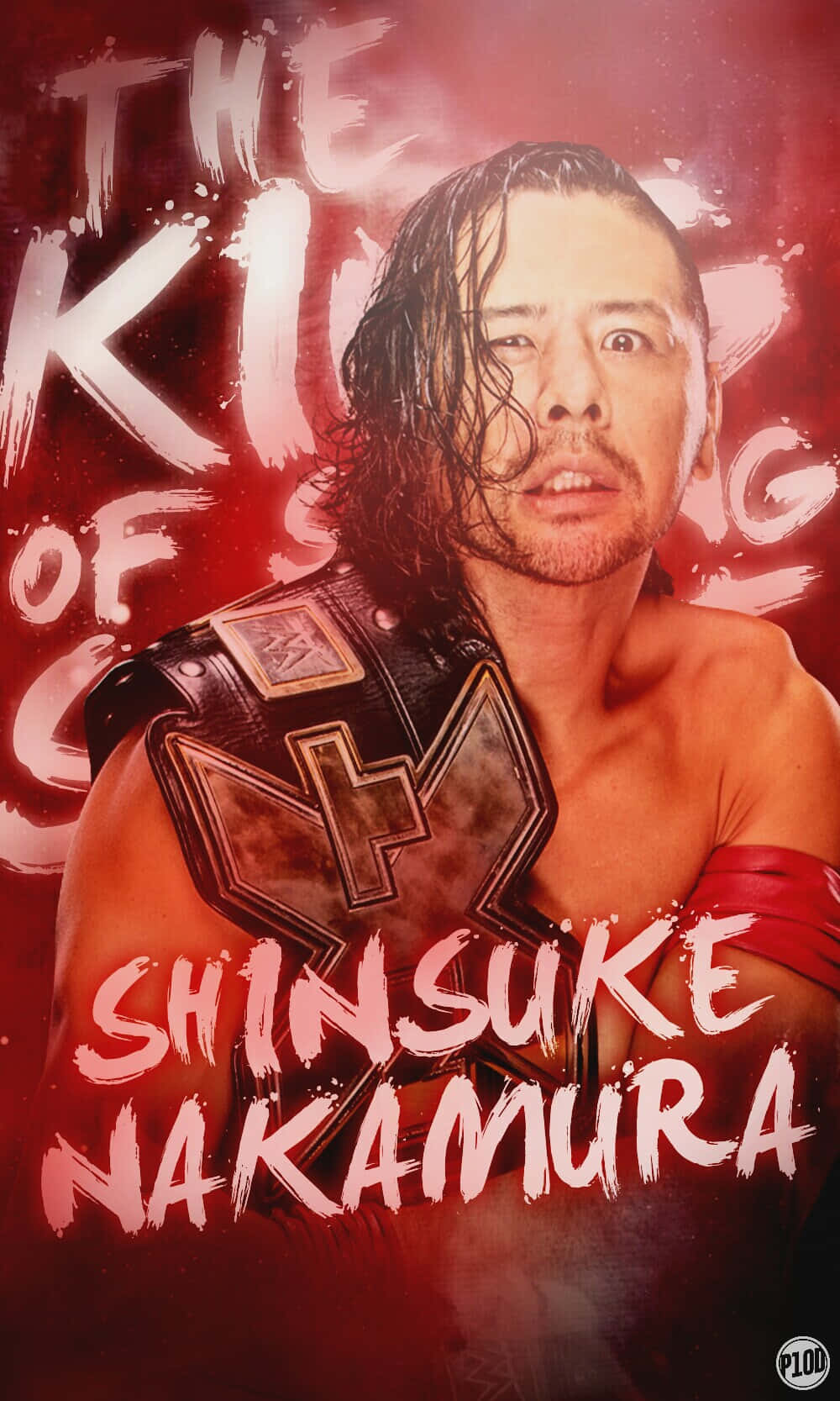 WWE 桌布 壁紙 — 摔角手中邑真輔戴著冠軍腰帶，在火紅背景和粗體塗鴉風格文字前凝視。