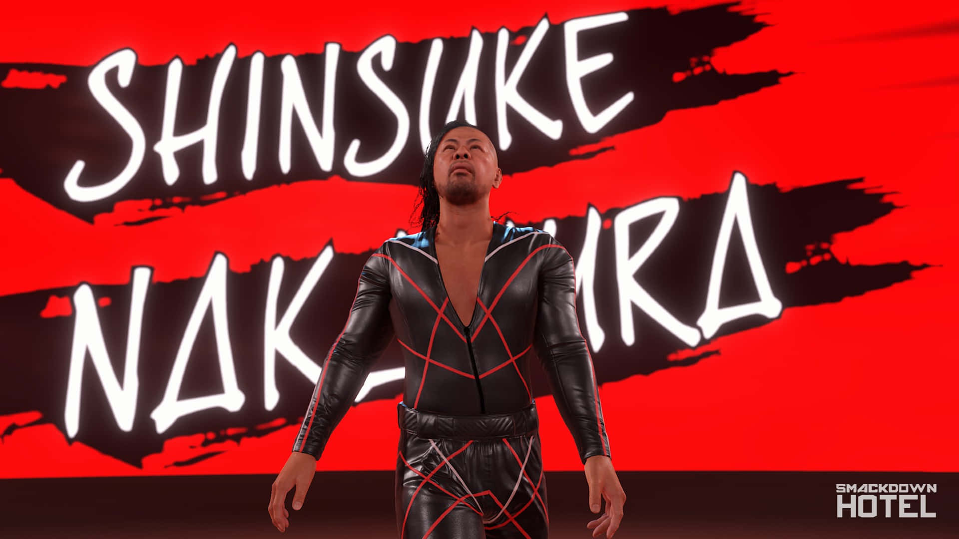 WWE Desktop 桌布 壁紙 — 摔角手中邑真輔自信地站在大膽的紅色背景前，身穿黑紅服裝，他的名字以塗鴉風格的白色文字呈現。