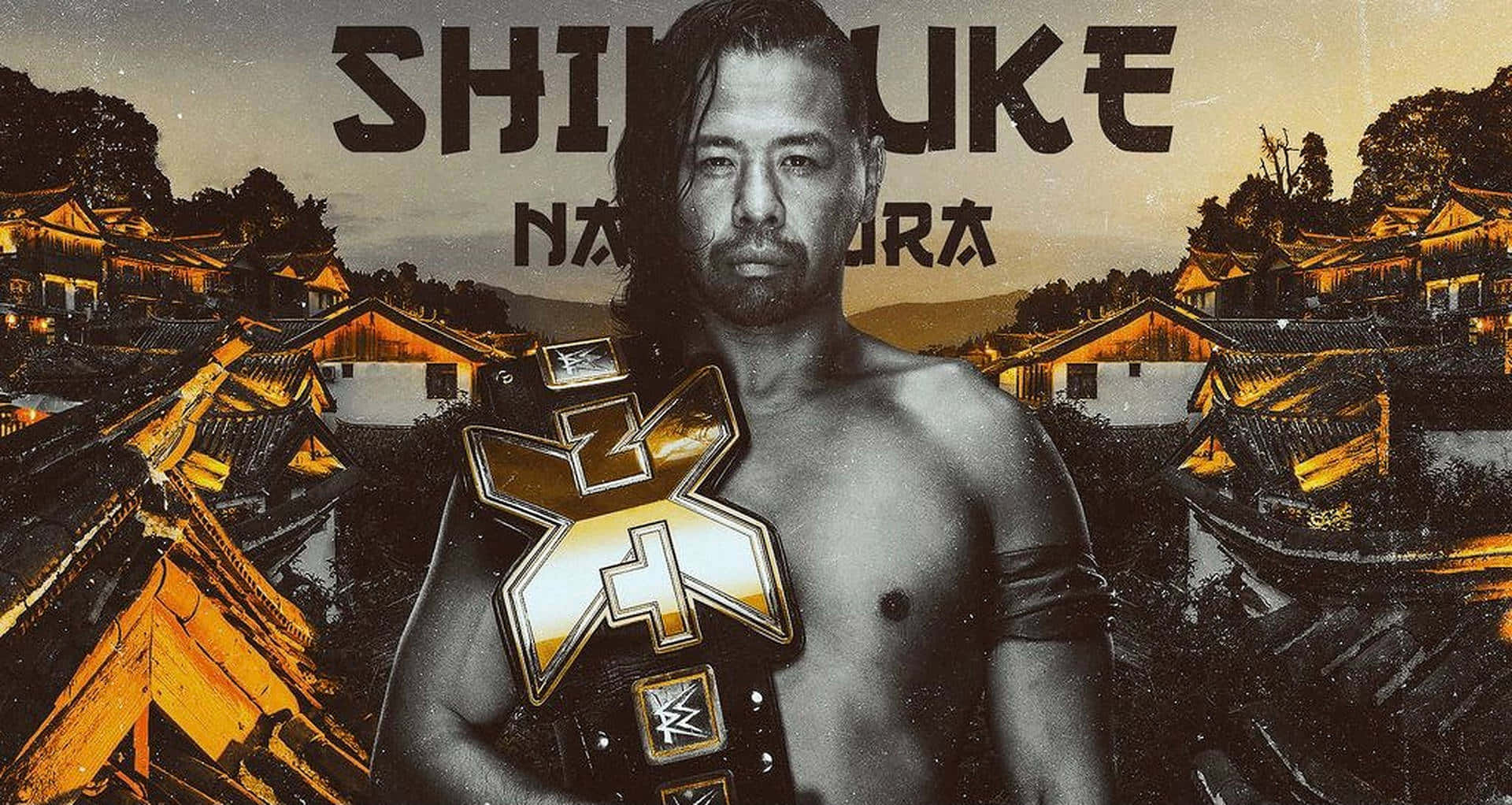 WWE 桌布 壁紙 — 摔角手中邑真輔赤裸上身，在金色夕陽沐浴下的傳統日本建築背景下，手持冠軍腰帶。