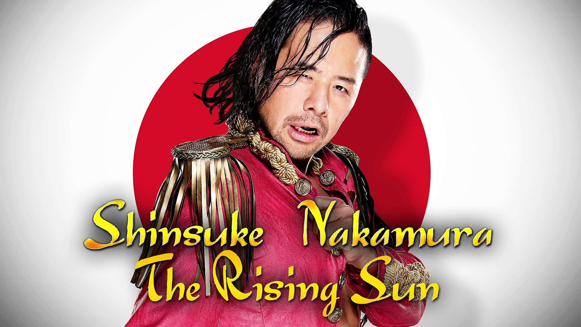 WWE 桌布 壁紙 — 摔角手中邑真輔身穿紅金服飾，在紅色圓形背景前擺姿勢，背景上有他的名字和黃色文字「The Rising Sun」。