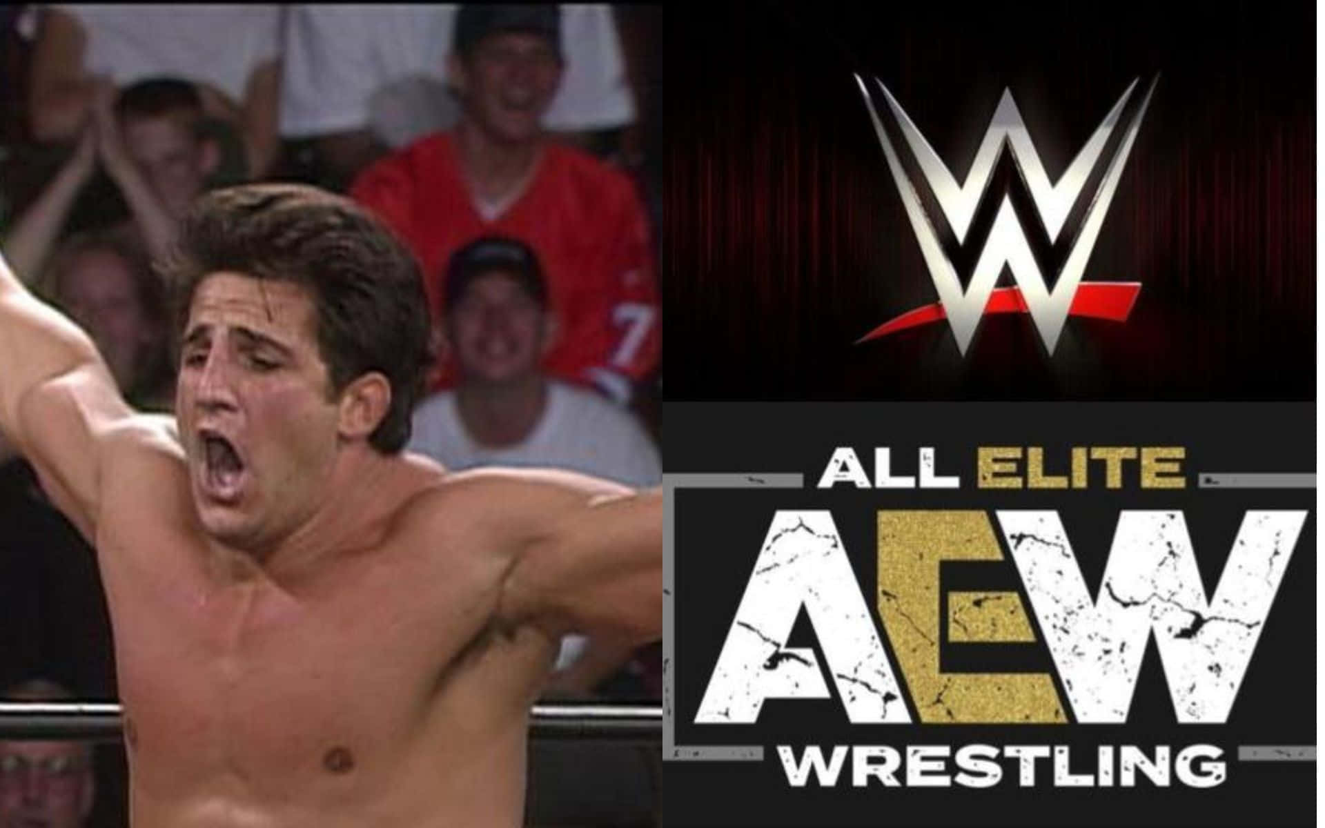摔角 桌布 壁紙 — 摔角手在擂台上慶祝勝利，WWE 和 AEW 標誌顯眼展示。