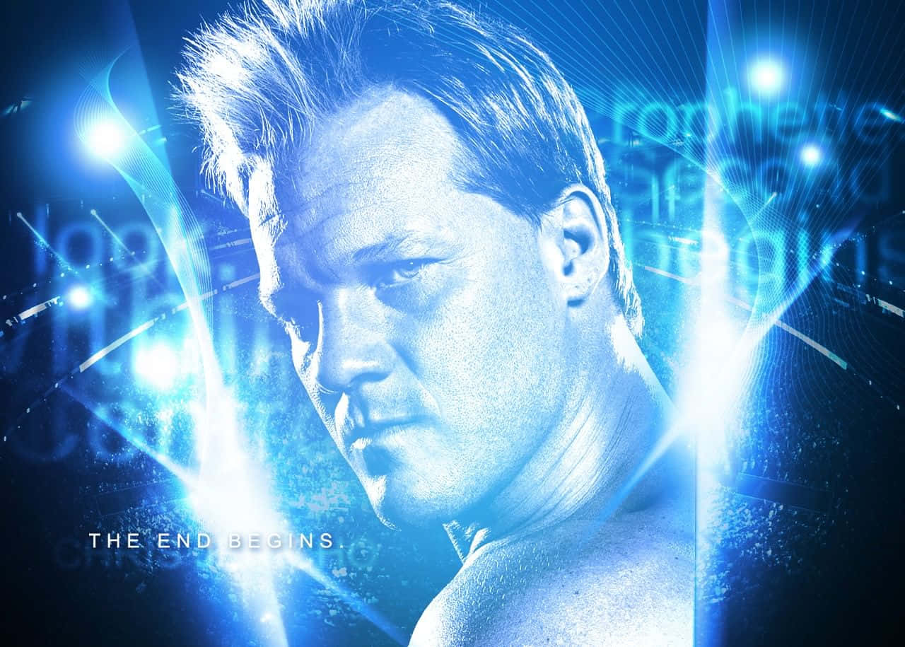WWE 桌布 壁紙 — 摔角手強烈的側面在電藍色燈光下發光，搭配發光文字和放射光束，營造出戲劇性的宣傳照。