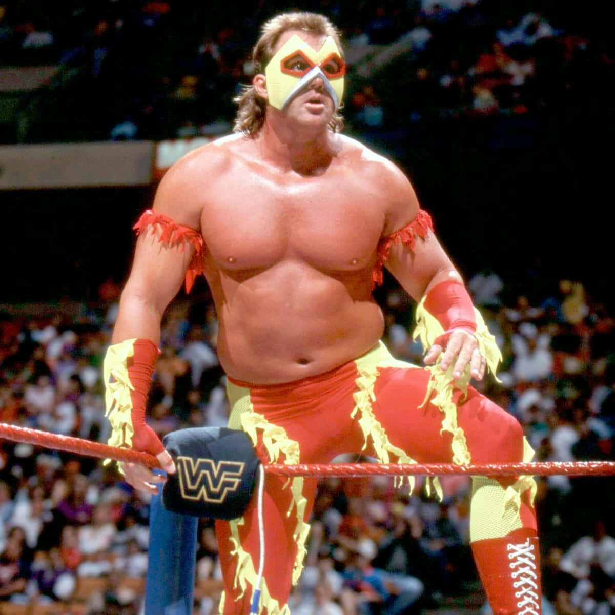WWE 桌布 壁紙 — 摔角手穿著黃紅火焰主題服裝和面具，在現場活動中站在擂台上手持麥克風。