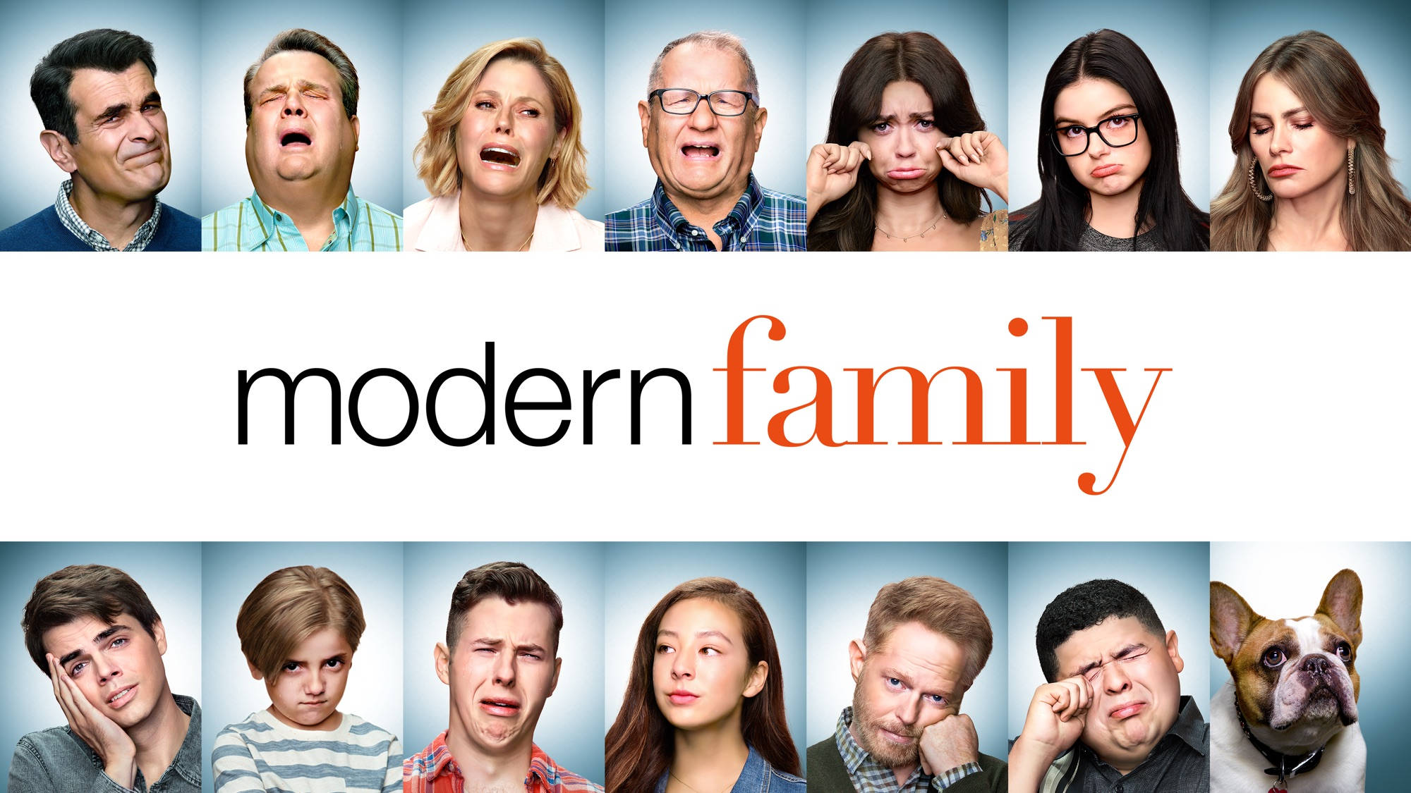 Modern Family 桌布 壁紙 — 《摩登家庭》演員在藍色漸變背景上做出誇張搞笑表情。
