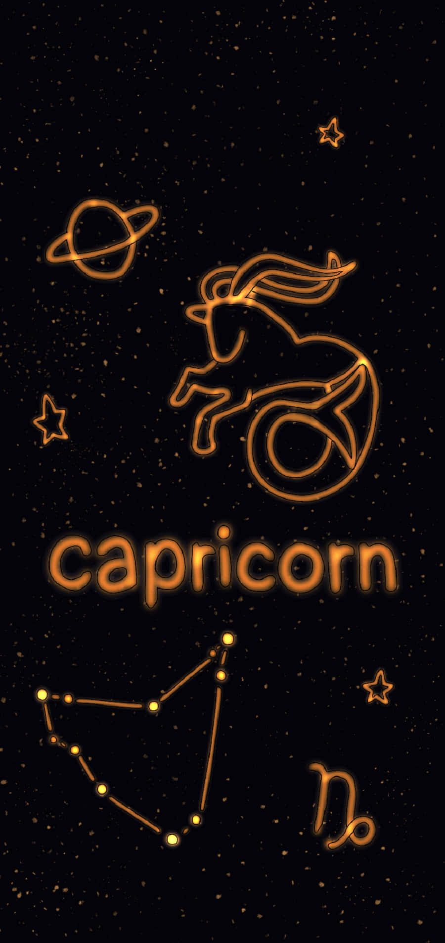 摩羯座 桌布 壁紙 — 摩羯座星座和符號的金色霓虹輪廓在佈滿行星和星星的星空夜空中發光。