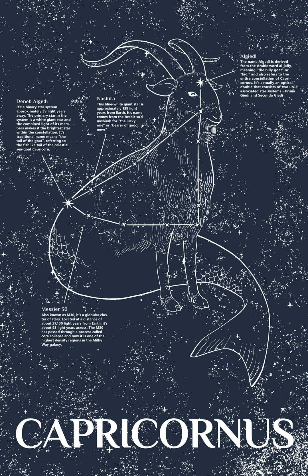 Capricorn Aesthetic 桌布 壁紙 — 摩羯座星座的詳細白色線條畫，描繪成山羊頭的海山羊，背景是繁星點點的深藍色，帶有標籤的星星和文字。