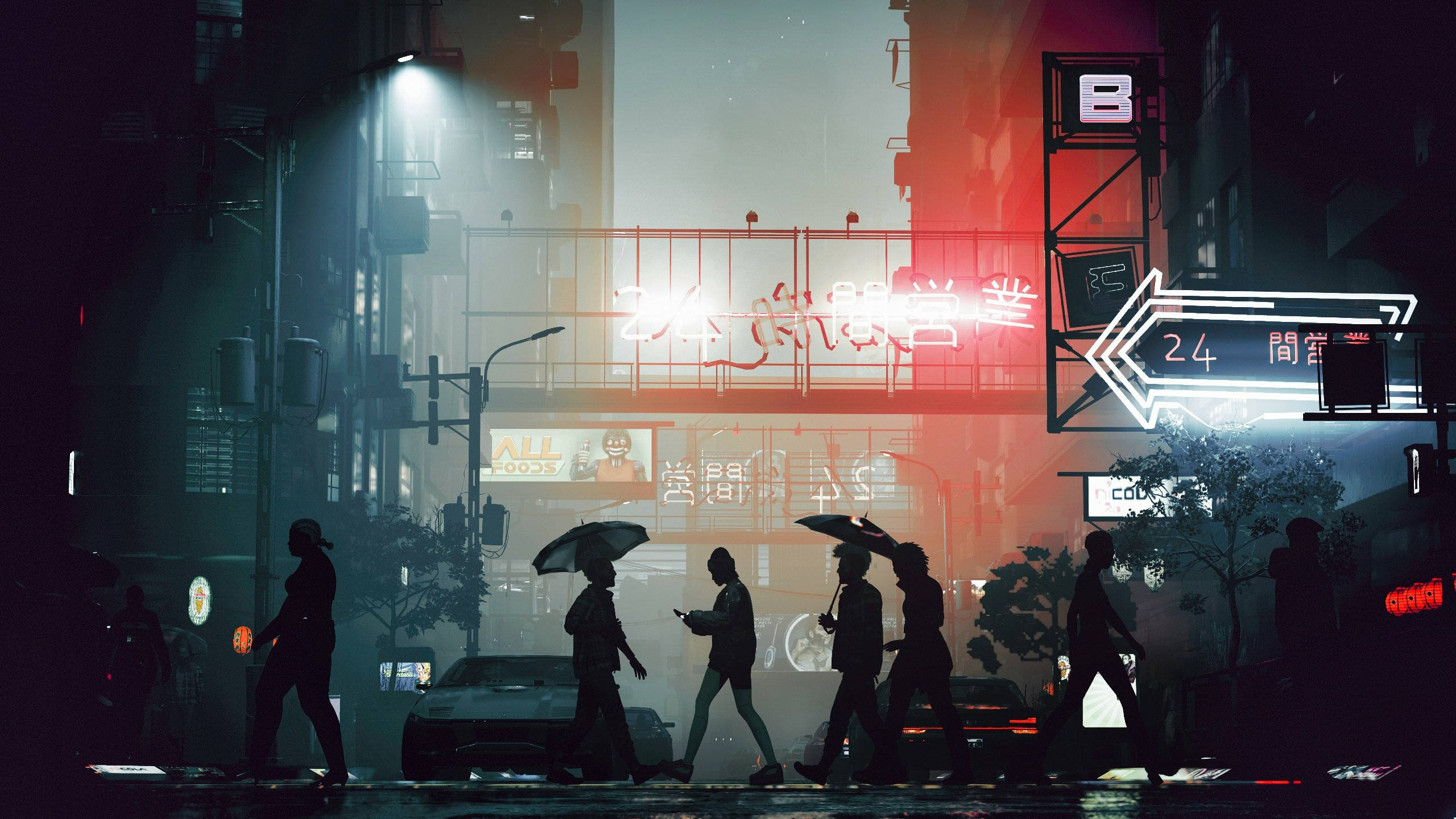 電馭叛客2077 桌布 壁紙 — 撐著雨傘的剪影行人穿過一條下雨的霓虹燈城市街道，下方是發光的招牌和路燈。