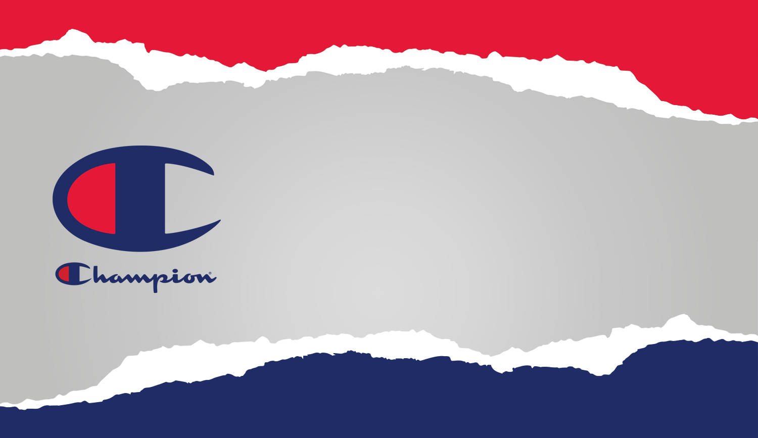 Champion Logo 桌布 壁紙 — 撕破的紙張在紅、灰、藍色條紋上露出Champion標誌，邊緣參差不齊。