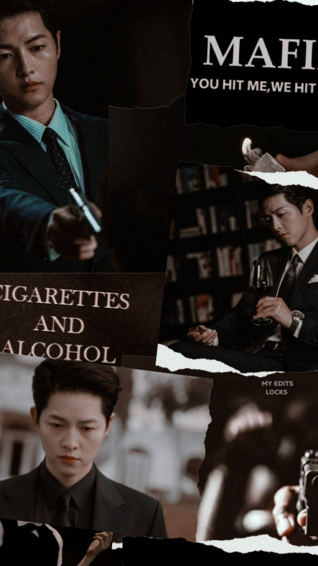 文森佐 桌布 壁紙 — 撕紙拼貼畫，一個穿西裝的男人拿著槍或酒杯，帶有黑幫主題文字疊加。