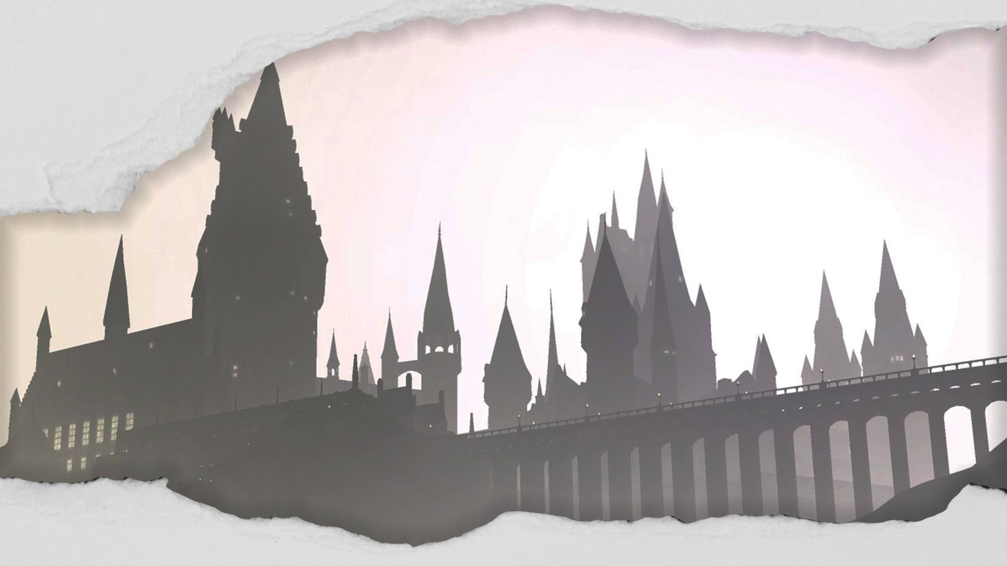 Hogwarts Aesthetic 桌布 壁紙 — 撕紙揭示霍格華茲剪影，背景為柔和粉紅與米色天空，前景有一座橋。