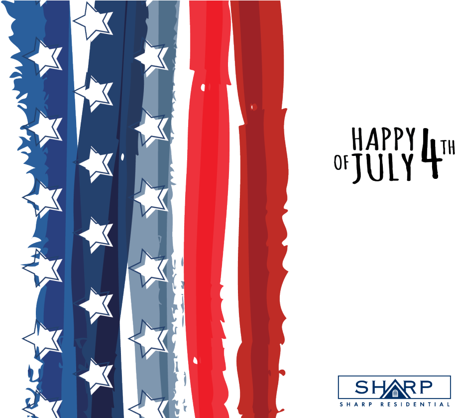 美國獨立紀念日 桌布 壁紙 — 撕裂的愛國旗幟條紋，帶有星星和紅色條紋，黑色背景，7月4日文字和Sharp Residential標誌。