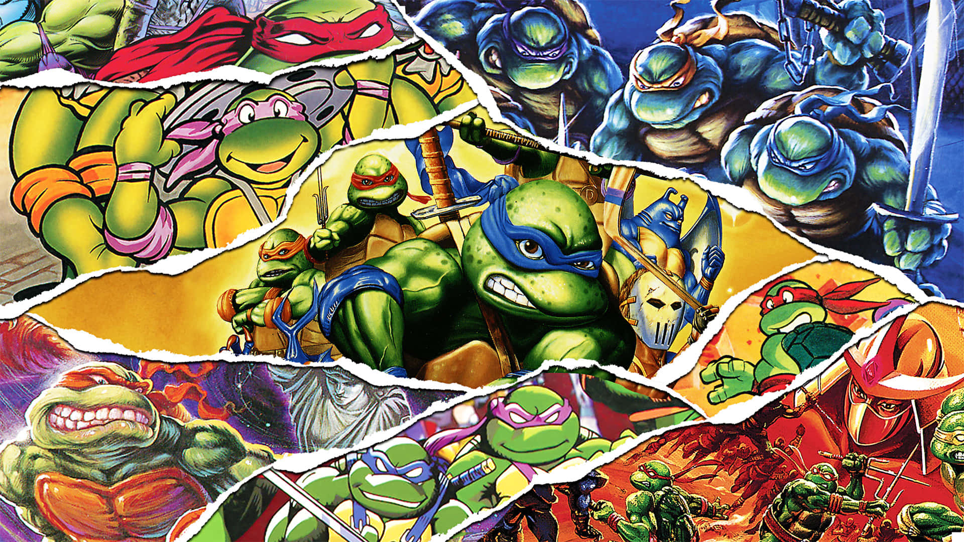 tmnt 桌布 壁紙 — 撕裂的漫畫面板展示了忍者龜在充滿活力、混亂的場景中的動態動作姿勢。