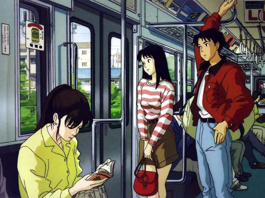 Studio Ghibli Ocean Waves 桌布 壁紙 — 擁擠火車上的動漫角色，一個女孩在看書，另一個女孩站在一個抓著上方扶手的男孩附近。