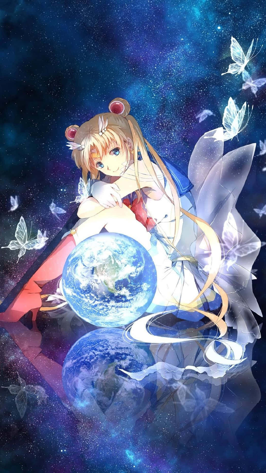 擁有兔耳的動漫少女在星光宇宙中，在發光蝴蝶環繞下抱住地球球體。 — 美少女戰士 GIF 壁紙