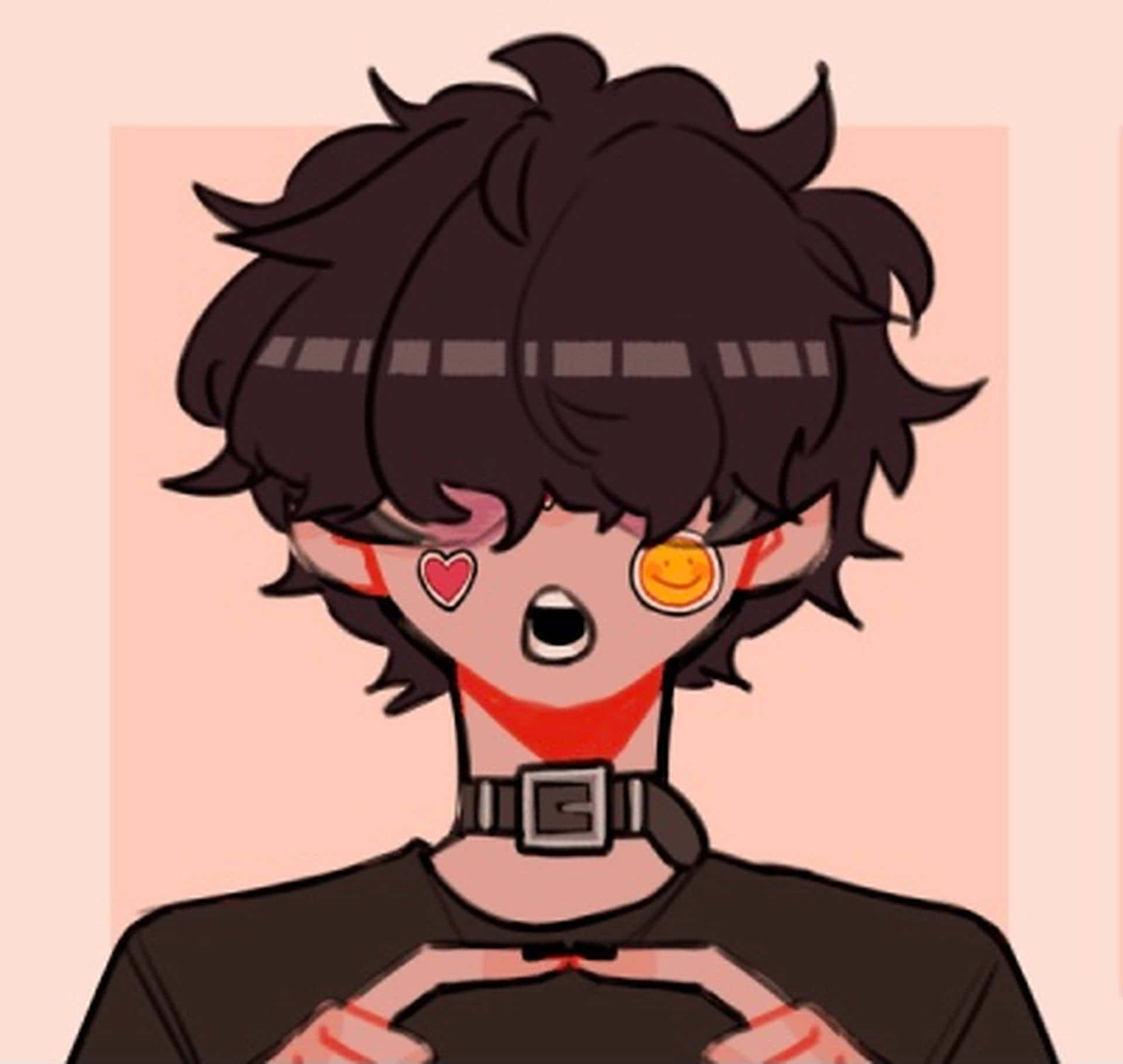Cute Anime Boy 桌布 壁紙 — 擁有凌亂黑髮和心形及笑臉形彩色眼罩的動漫角色。