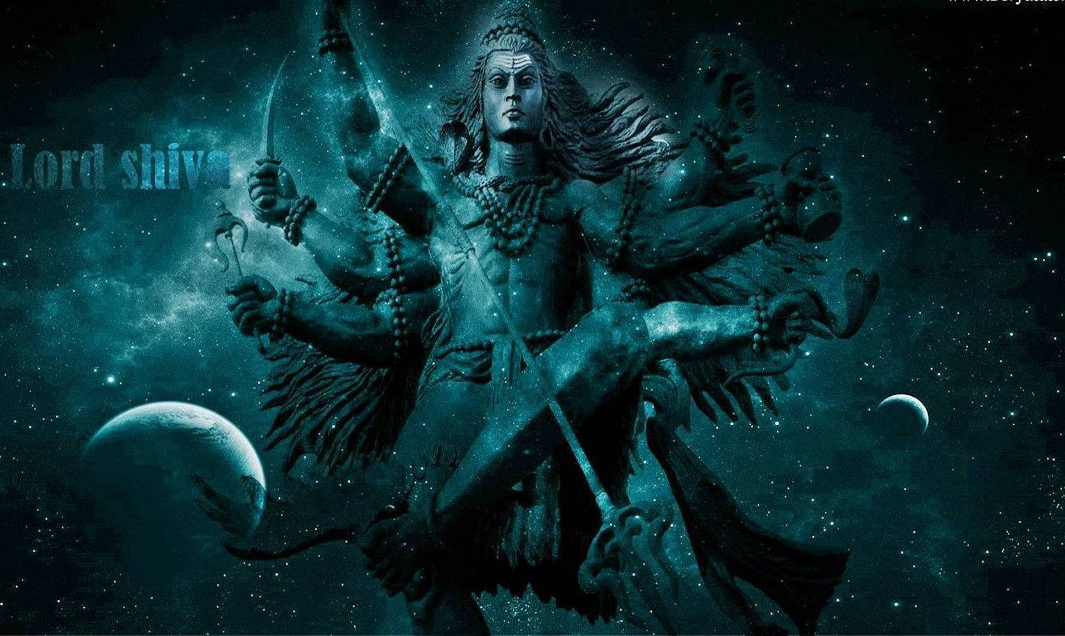 濕婆神 桌布 壁紙 — 擁有多臂和三叉戟的濕婆神在深青色調的星星和月亮的宇宙背景下威嚴地站立。