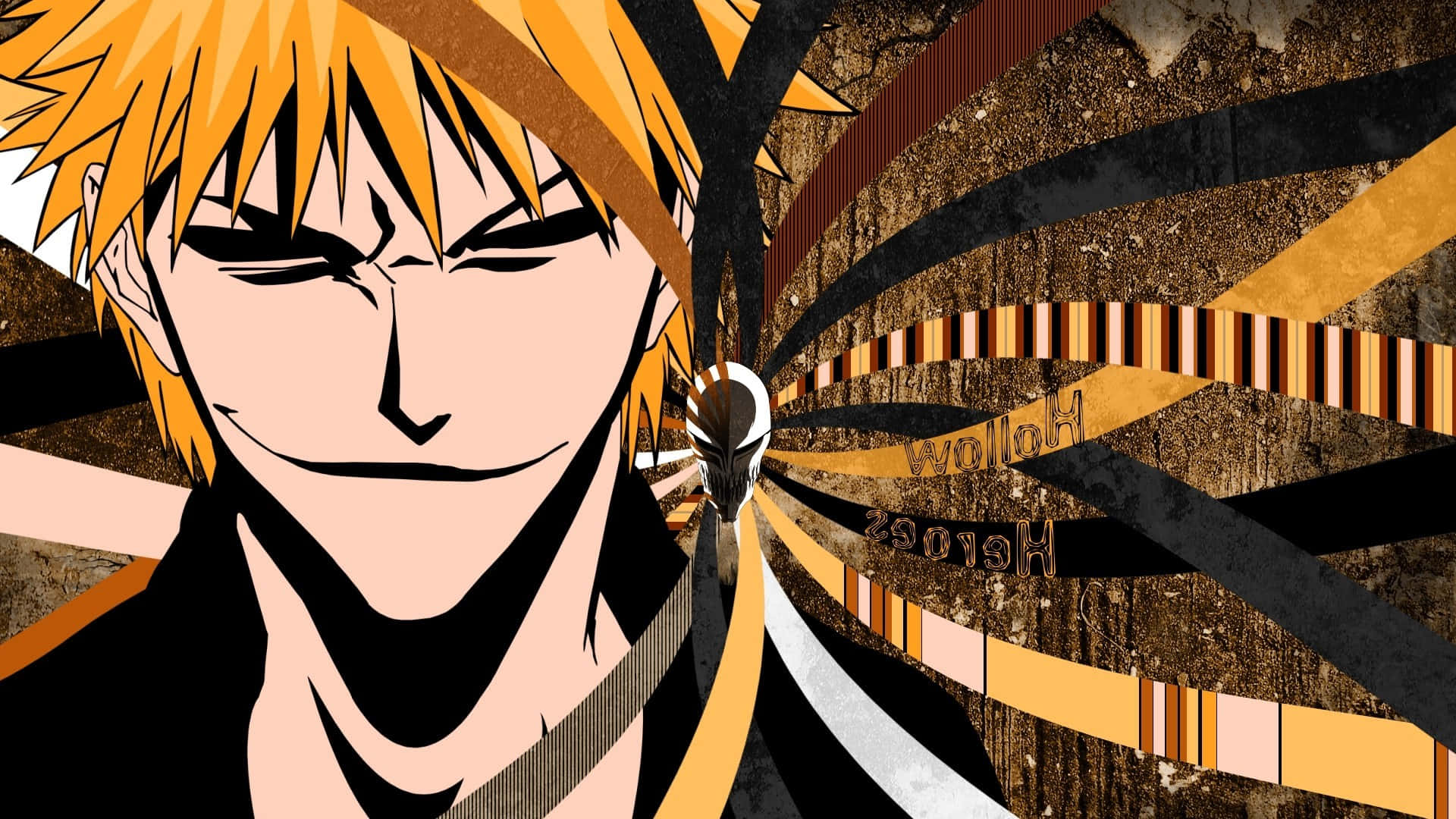 Bleach Phone 桌布 壁紙 — 擁有尖刺橙色頭髮和強烈冷笑的動漫角色，背景為動感條紋並帶有文字。