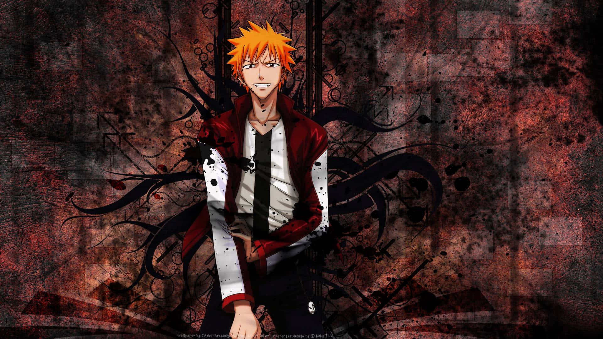 Bleach Phone 桌布 壁紙 — 擁有尖刺橙色頭髮和紅色外套的動漫角色，自信地站在深紅色和黑色飛濺的背景前。