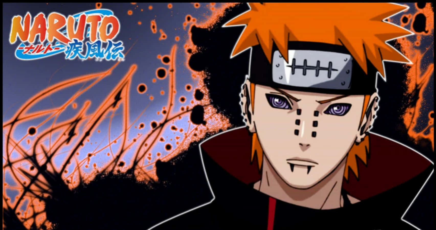 Pain Rinnegan 桌布 壁紙 — 擁有尖刺橙色頭髮和紫色眼睛的動漫角色，站在帶有火影忍者標誌的動態橙色和黑色背景前。