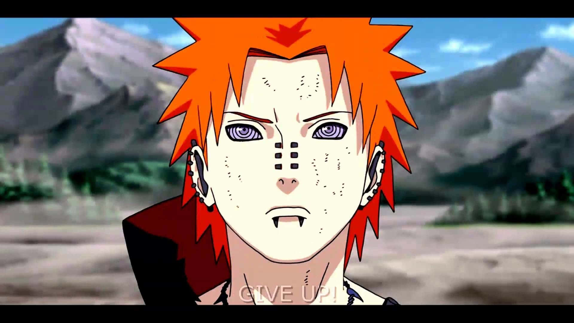 Akatsuki Pain 桌布 壁紙 — 擁有尖刺橙色頭髮和紫色眼睛的動漫角色，以堅定的表情站在山區景觀中。
