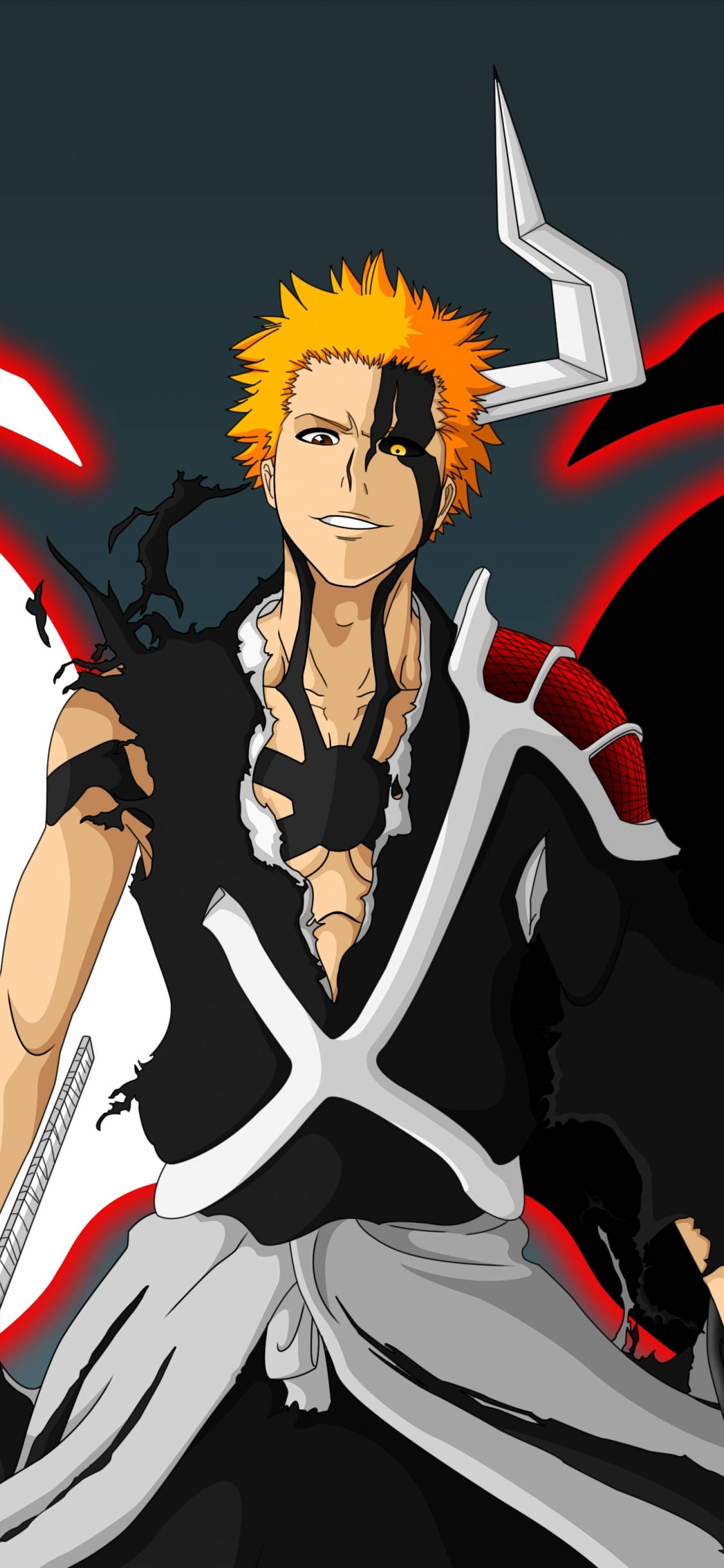 Bleach iPhone 桌布 壁紙 — 擁有尖刺橙色頭髮和黑色眼睛的動漫角色，在暗紅色發光背景前擺出動態姿勢。