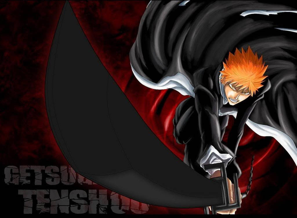 Bankai 桌布 壁紙 — 擁有尖刺橙色頭髮的動漫角色，在旋轉的紅色和黑色背景前揮舞著一把巨大的黑色劍。