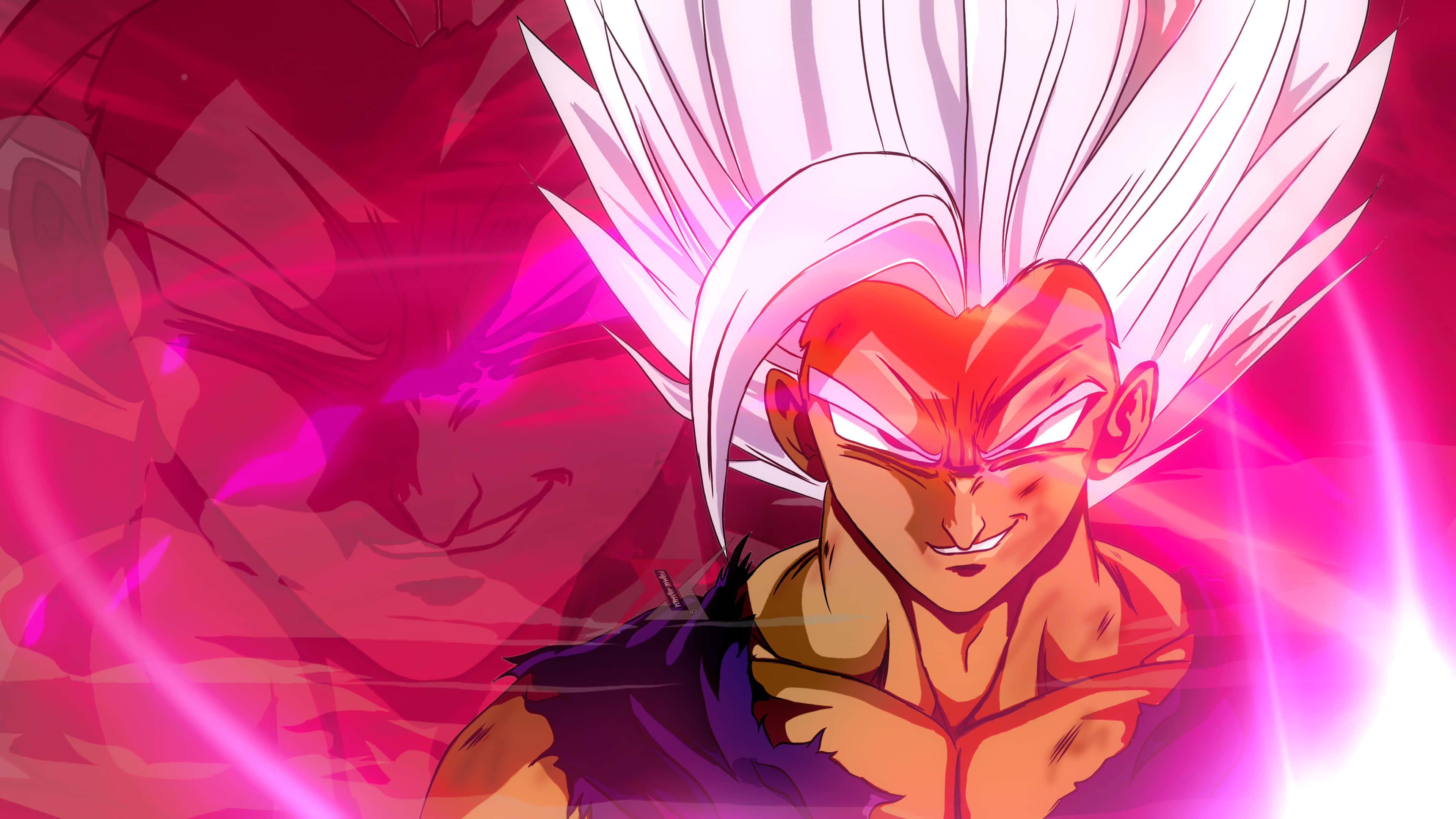 Cool Dragon Ball 桌布 壁紙 — 擁有尖刺白髮和發光紅眼的動漫角色，在充滿活力的粉紅色能量背景下散發力量。