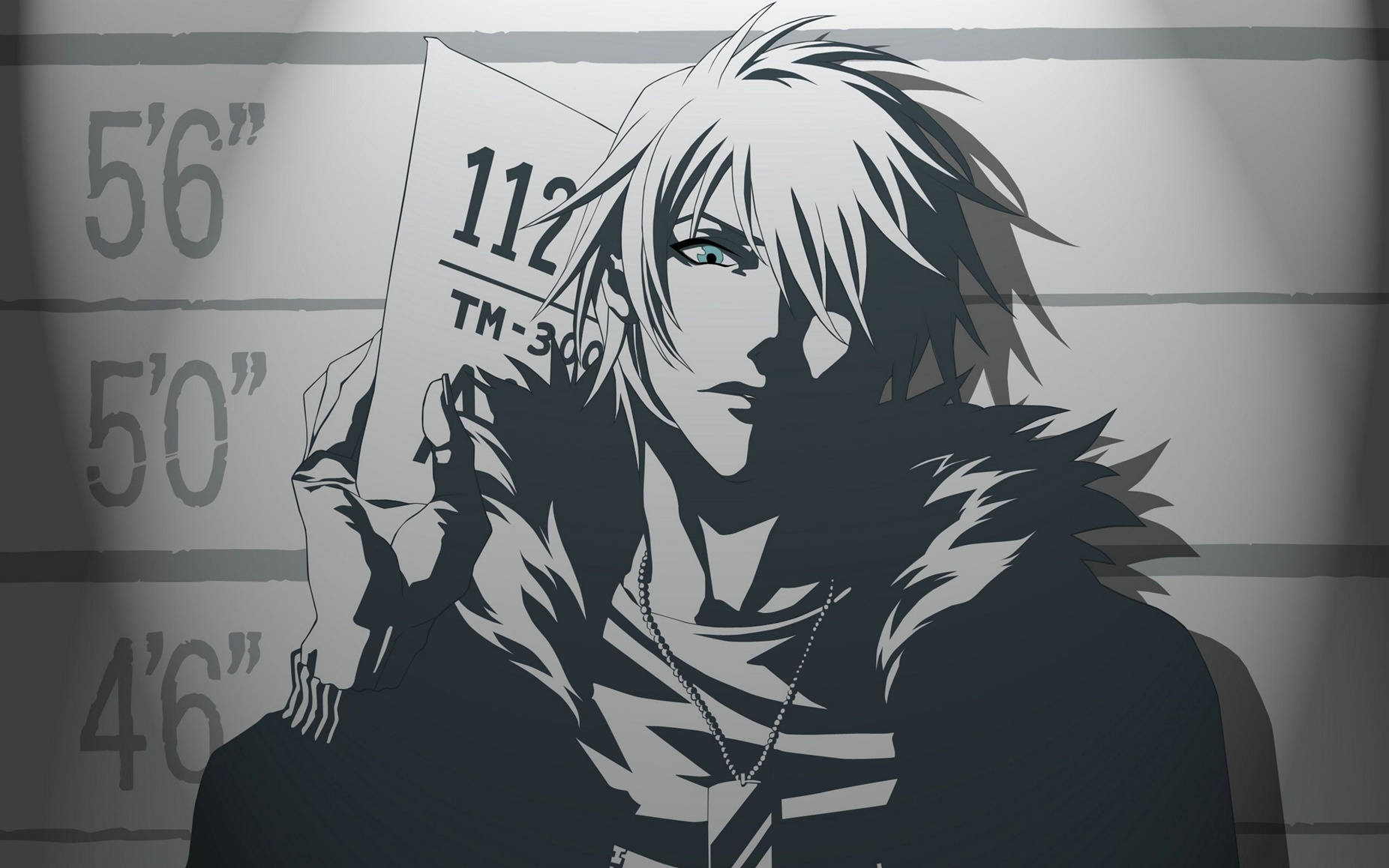 Black And White Anime 桌布 壁紙 — 擁有尖刺白髮和綠色眼睛的動漫角色站在身高圖表前，手持一張帶有數字的卡片。
