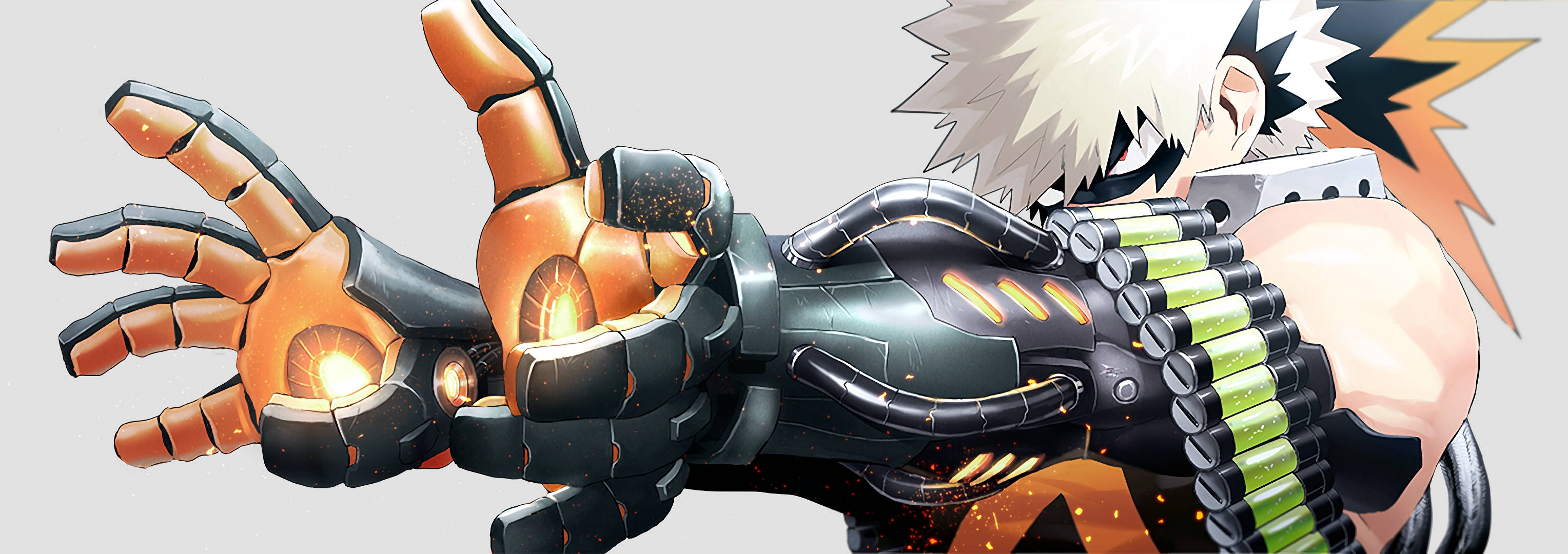 Bakugo 桌布 壁紙 — 擁有尖刺白髮的動漫角色伸出發光的橙色機械手臂，帶有火花齒輪和綠色彈藥帶。