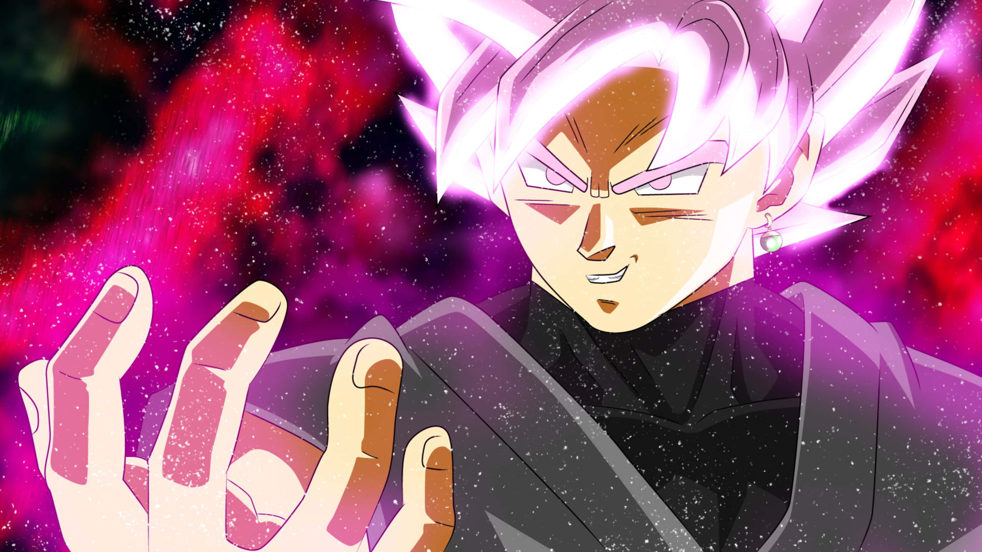 Goku Black 4K 桌布 壁紙 — 擁有尖刺粉紅色頭髮和發光光環的動漫角色，站在宇宙紅色和紫色星雲背景前。
