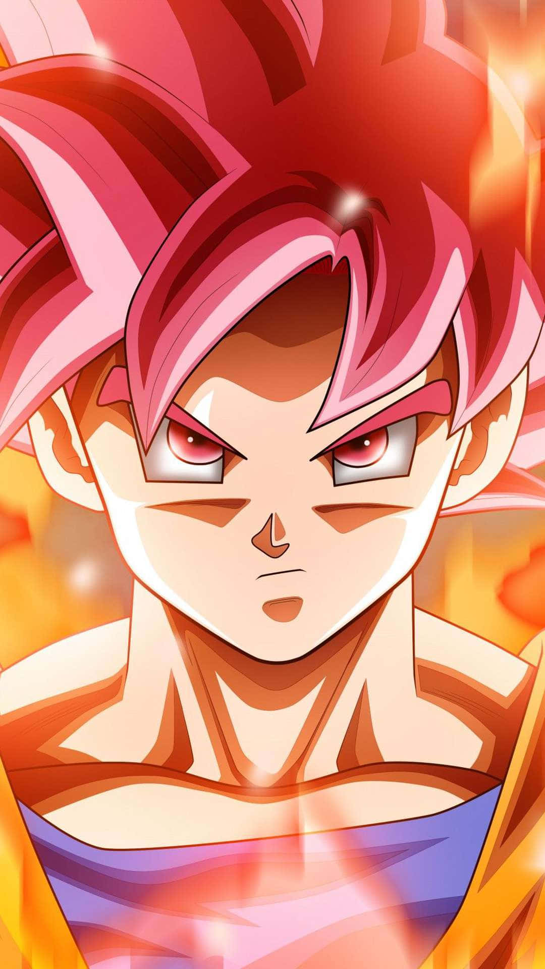 Goku Kaioken 桌布 壁紙 — 擁有尖刺粉紅頭髮和強烈紅眼的動漫角色，在發光的橙色背景下散發出熾熱的能量。