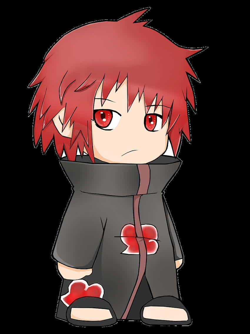 Akatsuki Drawing 桌布 壁紙 — 擁有尖刺紅髮和紅眼的Q版動漫角色，在黑色背景前穿著帶有紅色雲朵標誌的黑色斗篷。
