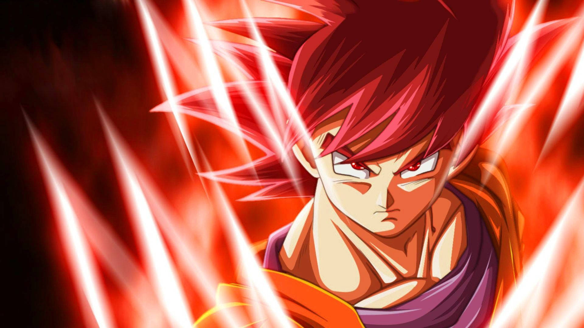 kaioken 桌布 壁紙 — 擁有尖刺紅髮和銳利眼神的動漫戰士，被爆炸性的紅色和白色能量光束包圍。
