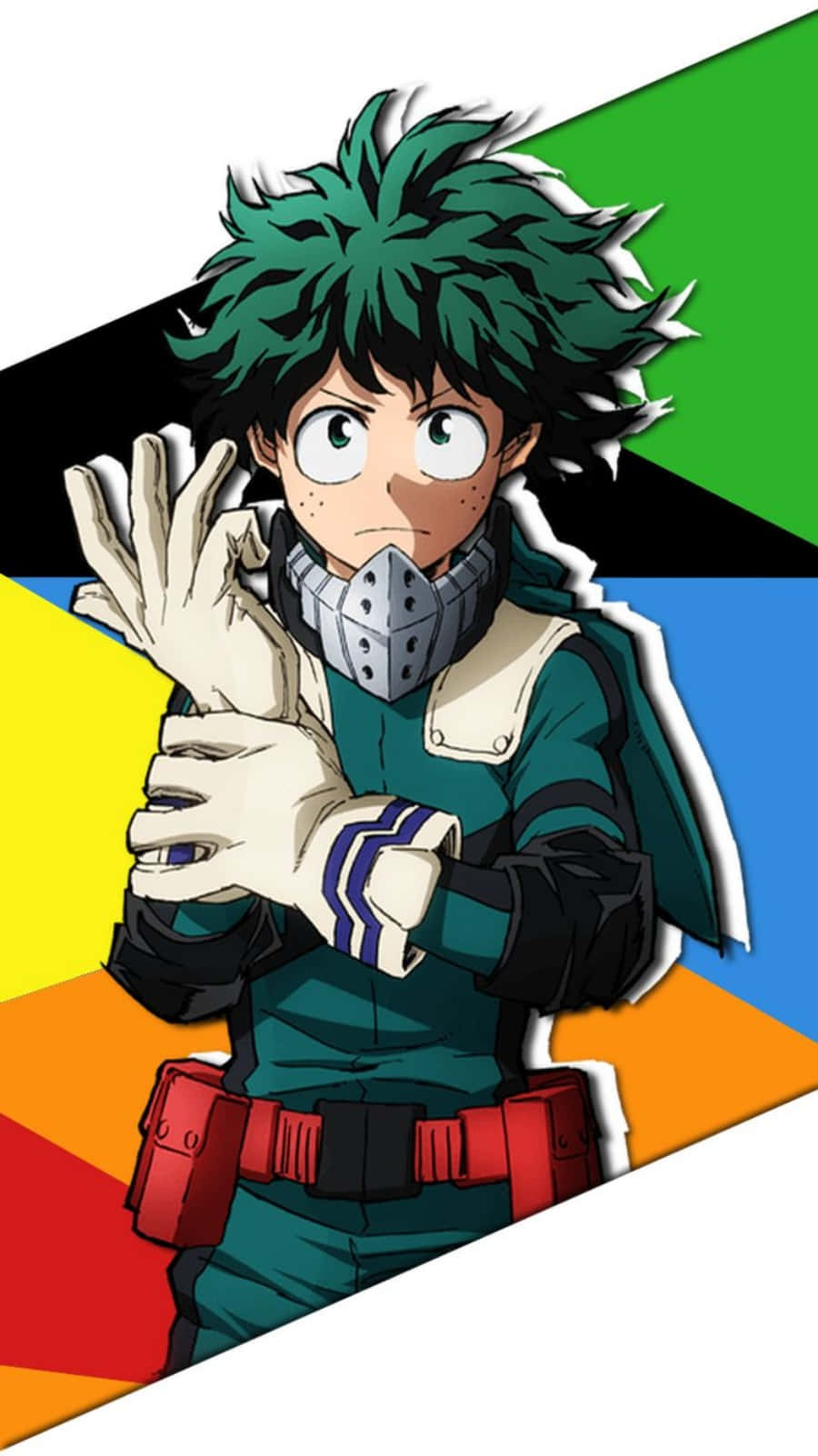Deku Phone 桌布 壁紙 — 擁有尖刺綠髮和面具的動漫英雄站在充滿活力的幾何背景前。