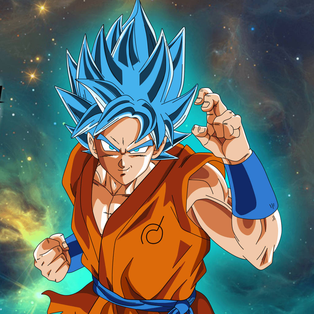 Goku Dragon Ball Super 桌布 壁紙 — 擁有尖刺藍色頭髮和橙色道服的動漫角色，在星光宇宙背景下強勢站立。