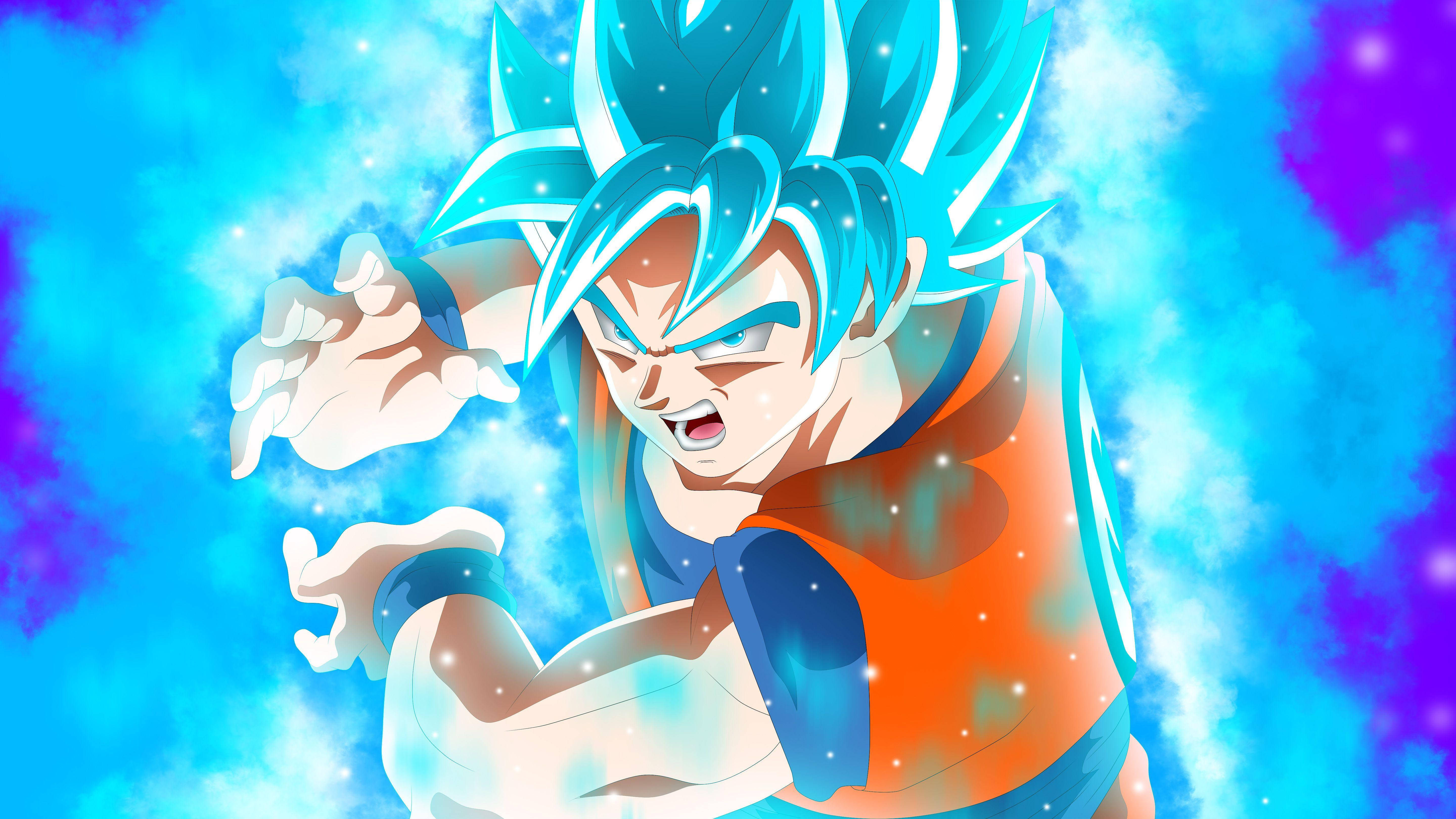 Goku Dragon Ball Super 桌布 壁紙 — 擁有尖刺藍色頭髮和橙色道服的動漫角色，在宇宙藍紫色背景下蓄力。