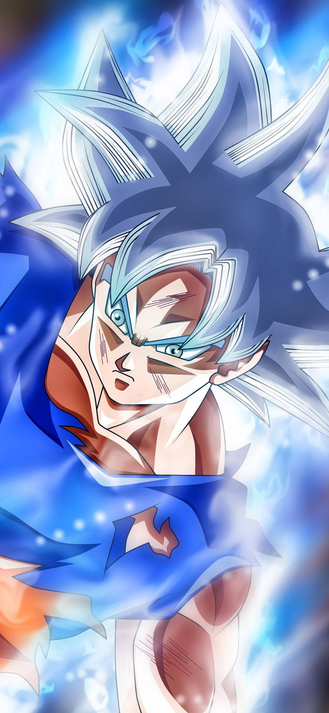 Dbz 桌布 壁紙 — 擁有尖刺藍色頭髮和發光眼睛的動漫角色，被電藍色能量光環包圍。