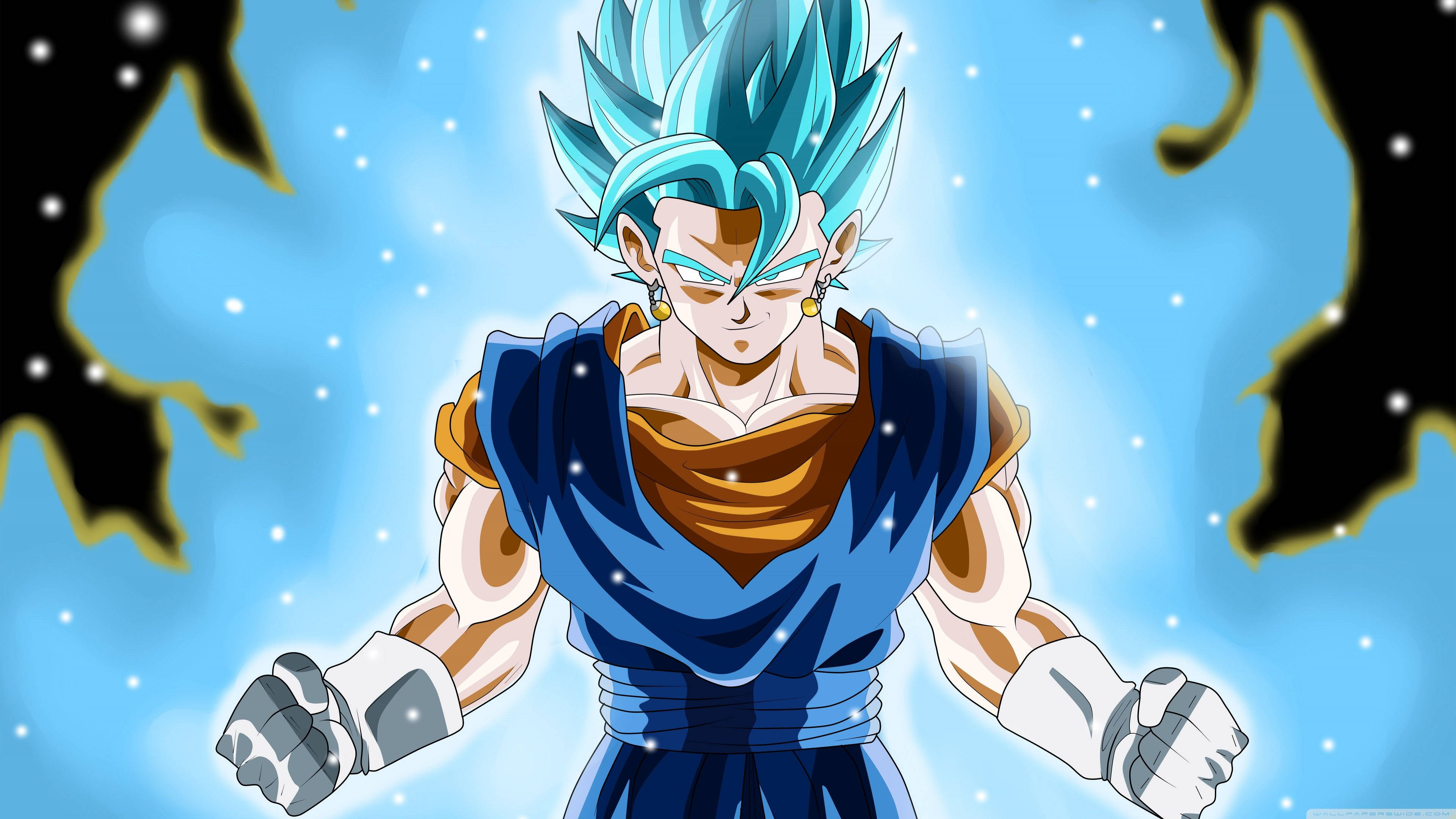 Dbz 桌布 壁紙 — 擁有尖刺藍色頭髮和發光眼睛的動漫角色，在星空藍天下以黑暗剪影為背景，強勢站立。