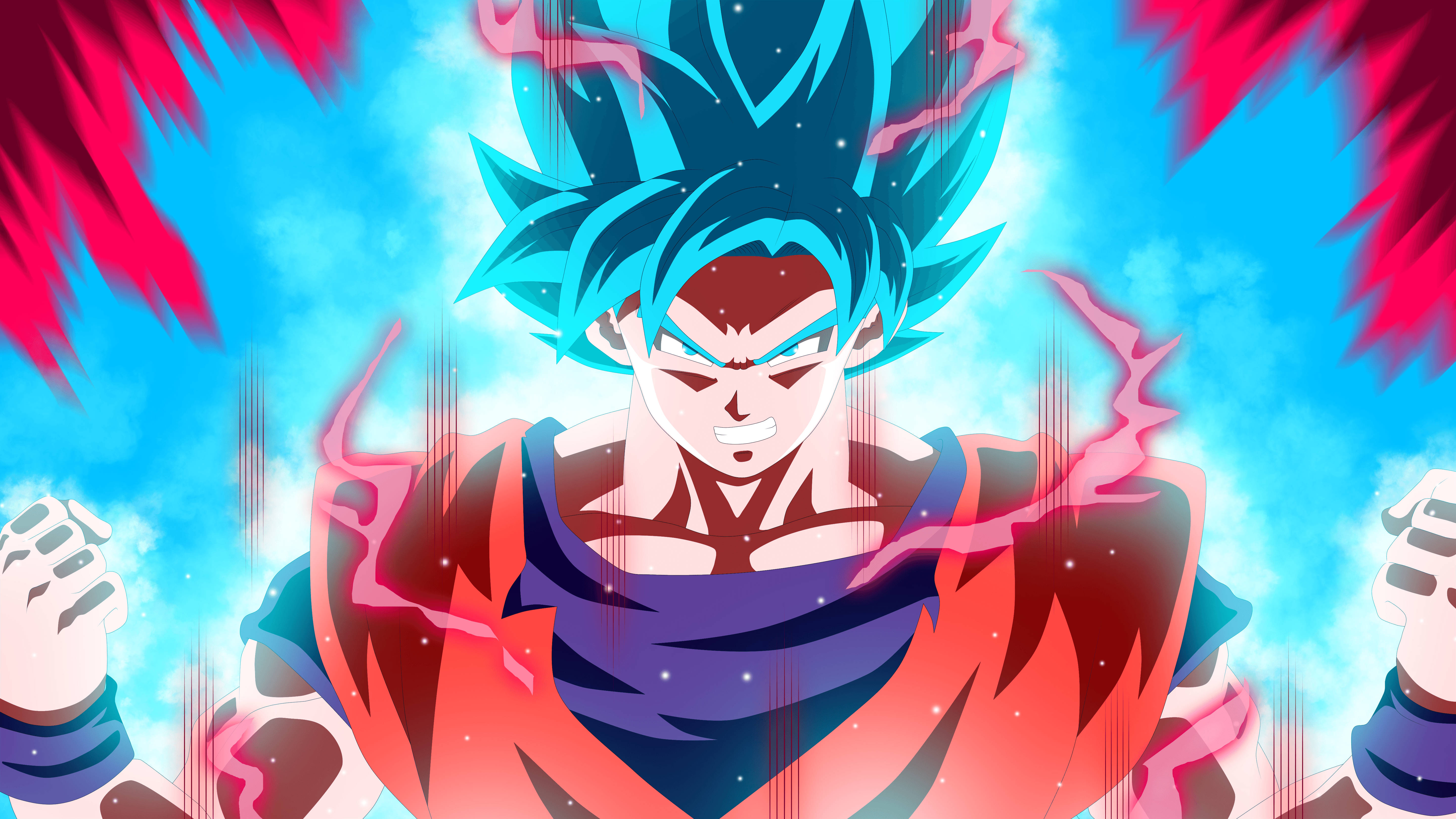 kaioken 桌布 壁紙 — 擁有尖刺藍色頭髮和紅色氣場的動漫角色，在宇宙藍紅背景下蓄力。
