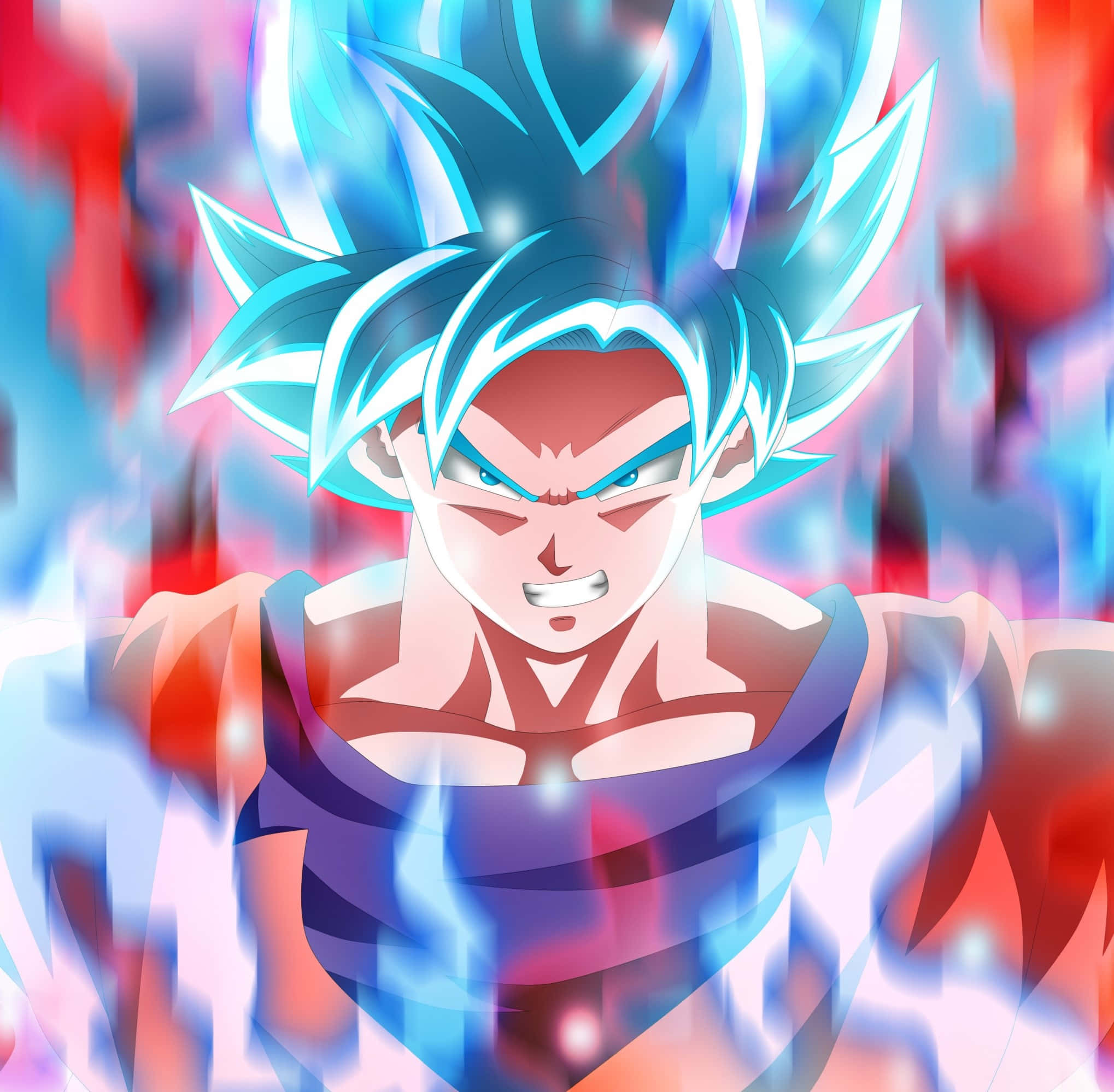 Cool Dragon Ball 桌布 壁紙 — 擁有尖刺藍色頭髮和銳利眼神的動漫角色，被發光的紅色和藍色能量包圍。