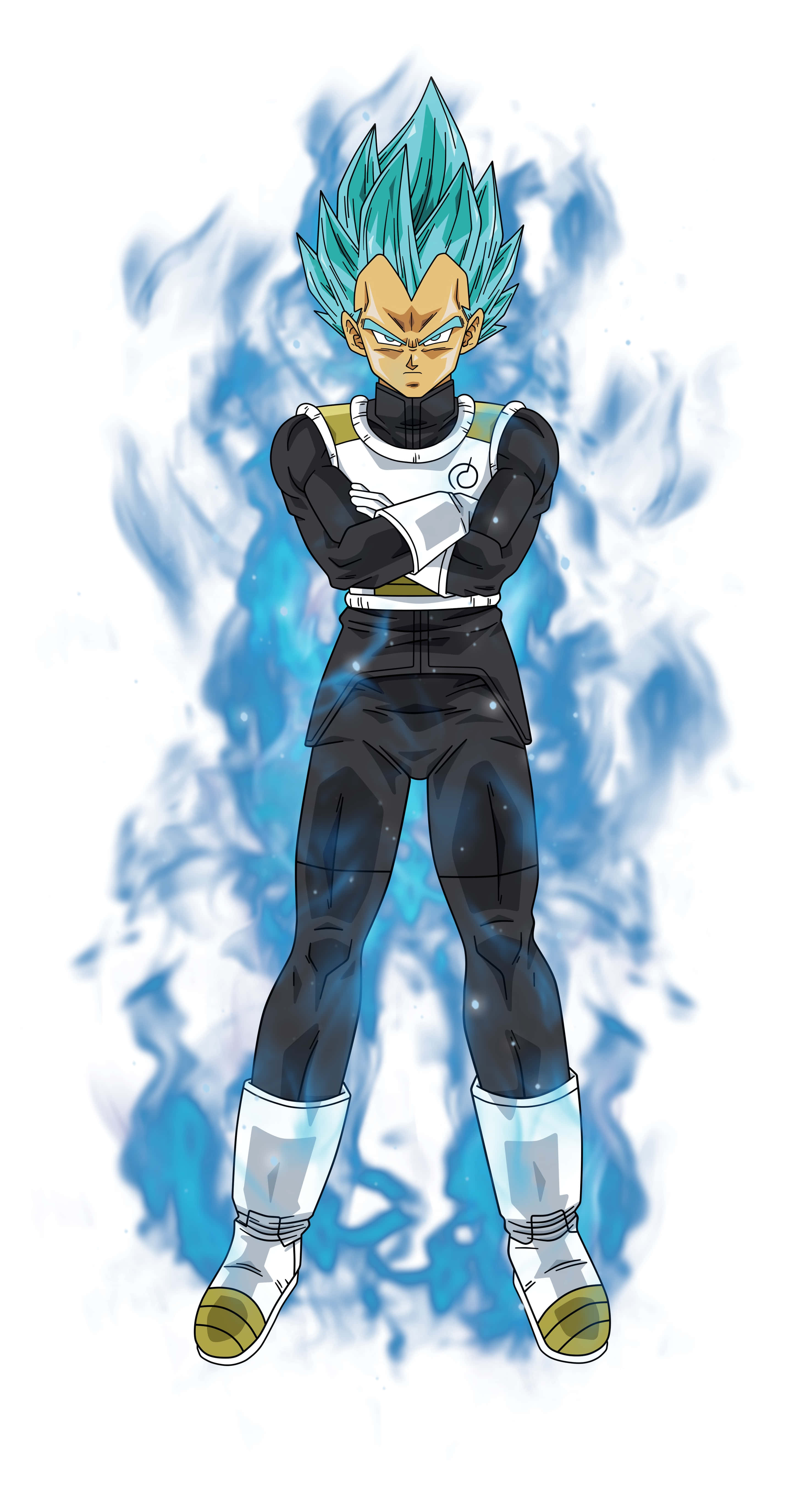Vegeta Super Saiyan Blue 桌布 壁紙 — 擁有尖刺藍色頭髮和黑色盔甲的動漫角色，自信地站在旋轉的藍色能量光環前。